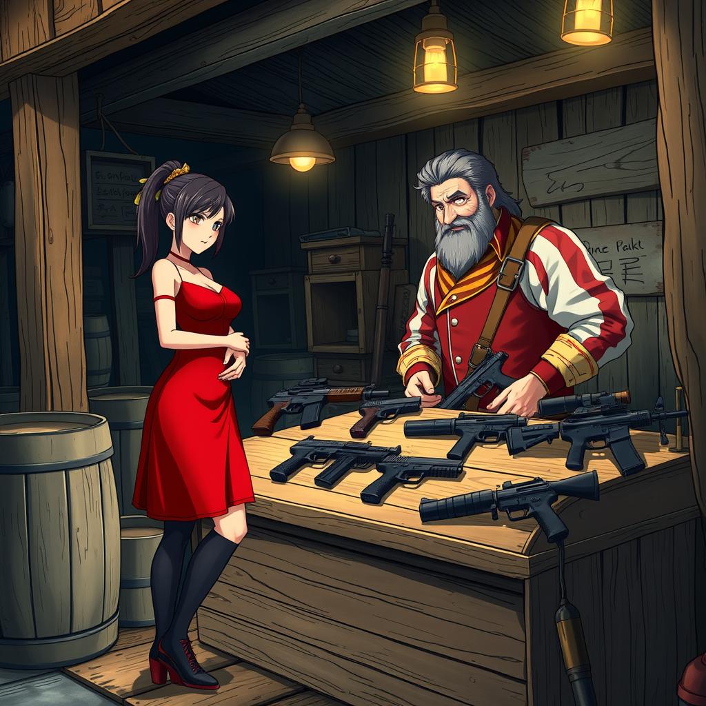 An anime-style wallpaper depicting a scene between Ada Wong and the merchant from Resident Evil 4 Remake, where they are trading guns at a rustic wooden sales stall