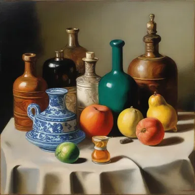 The artist painted a still life composition of an ampulla placed amidst various other objects.