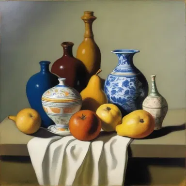 The artist painted a still life composition of an ampulla placed amidst various other objects.