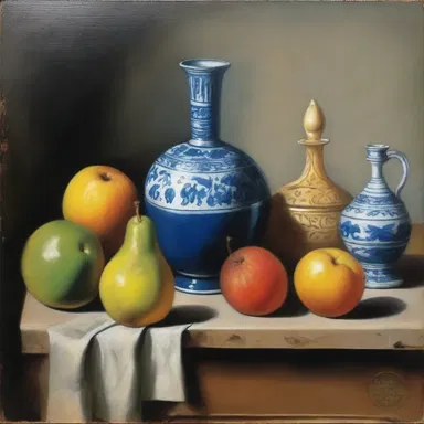 The artist painted a still life composition of an ampulla placed amidst various other objects.