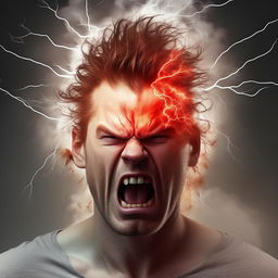 Illustrate a man showing extreme anger, with symbolic imagery such as lightning and steam around his head, implying a metaphorical aneurysm.