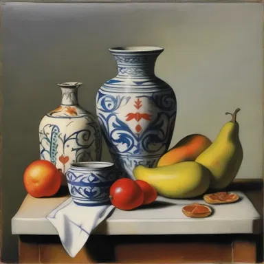 The artist painted a still life composition of an ampulla placed amidst various other objects.