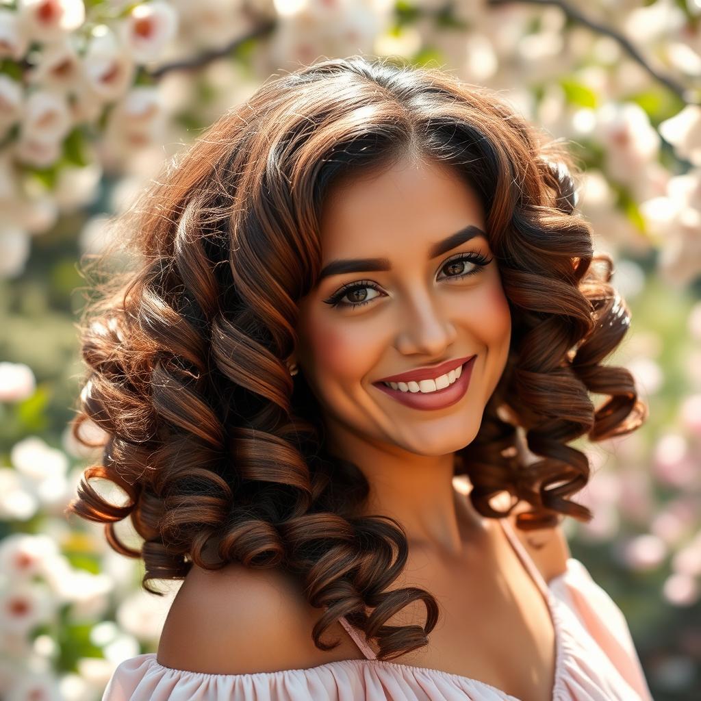 A beautiful woman with curly hair styled in elegant spirals, showcasing shiny, voluminous curls cascading down her shoulders