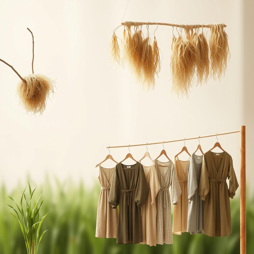A stunning illustration showcasing the transformation of water hyacinth into minimalist clothing