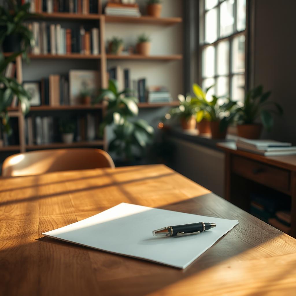 A cozy workspace featuring a wooden table with a warm, inviting atmosphere