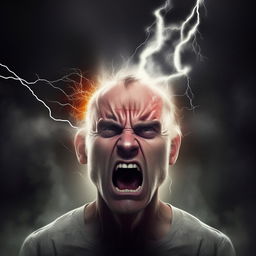 Illustrate a man showing extreme anger, with symbolic imagery such as lightning and steam around his head, implying a metaphorical aneurysm.