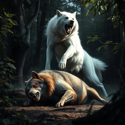 An intense scene depicting an enormous, muscular white dog overcoming an angry wolf in a fierce battle