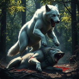 An intense scene depicting an enormous, muscular white dog overcoming an angry wolf in a fierce battle