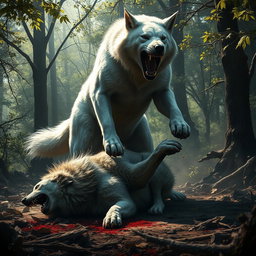An intense scene depicting an enormous, muscular white dog overcoming an angry wolf in a fierce battle