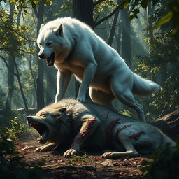 An intense scene depicting an enormous, muscular white dog overcoming an angry wolf in a fierce battle