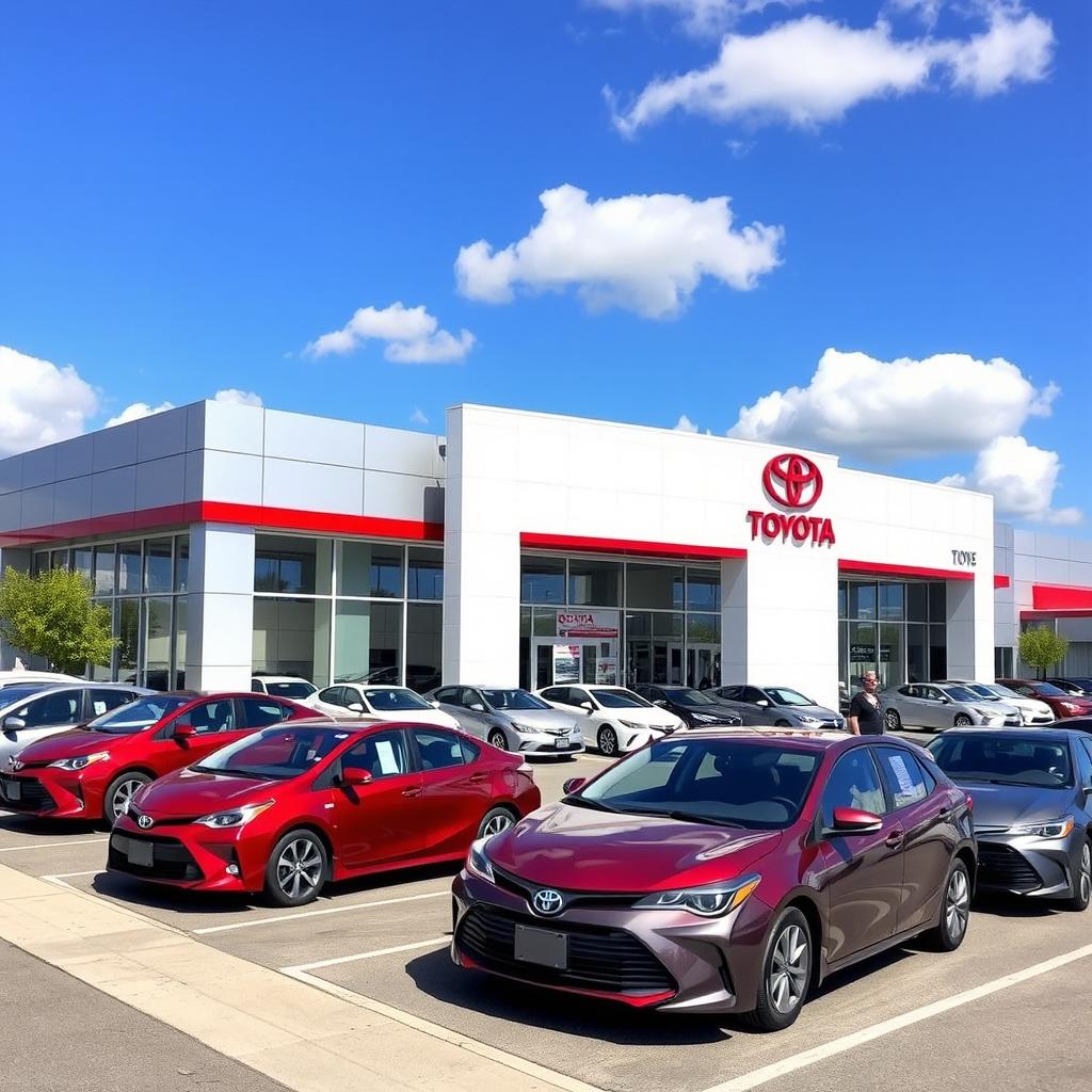 A vibrant and engaging exterior view of a modern Toyota dealership, featuring various models of shiny new cars on display
