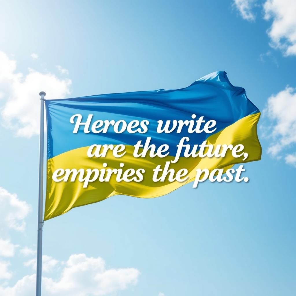 A captivating visual of the Ukrainian flag, gracefully waving in a serene landscape with a bright blue sky and fluffy white clouds