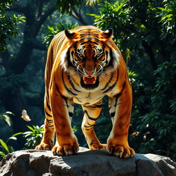 A fierce and majestic angry tiger, showcasing its powerful physique and striking orange and black stripes