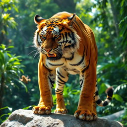 A fierce and majestic angry tiger, showcasing its powerful physique and striking orange and black stripes