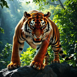 A fierce and majestic angry tiger, showcasing its powerful physique and striking orange and black stripes