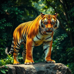 A fierce and majestic angry tiger, showcasing its powerful physique and striking orange and black stripes