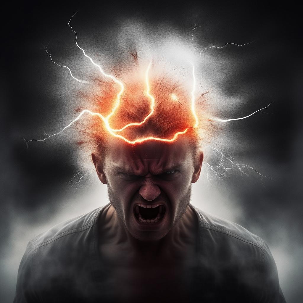 Illustrate a man showing extreme anger, with symbolic imagery such as lightning and steam around his head, implying a metaphorical aneurysm.