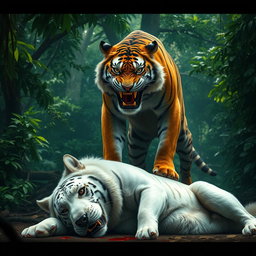 An intense scene depicting an angry tiger standing triumphantly over a large white dog, which lies defeated on the ground