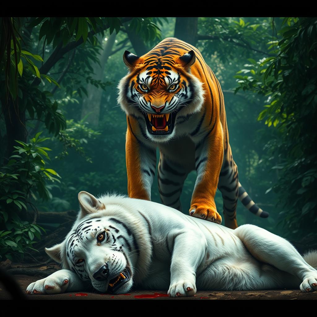An intense scene depicting an angry tiger standing triumphantly over a large white dog, which lies defeated on the ground