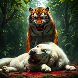 An intense scene depicting an angry tiger standing triumphantly over a large white dog, which lies defeated on the ground