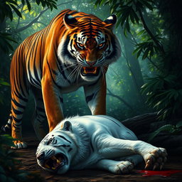 An intense scene depicting an angry tiger standing triumphantly over a large white dog, which lies defeated on the ground