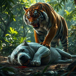 An intense scene depicting an angry tiger standing triumphantly over a large white dog, which lies defeated on the ground