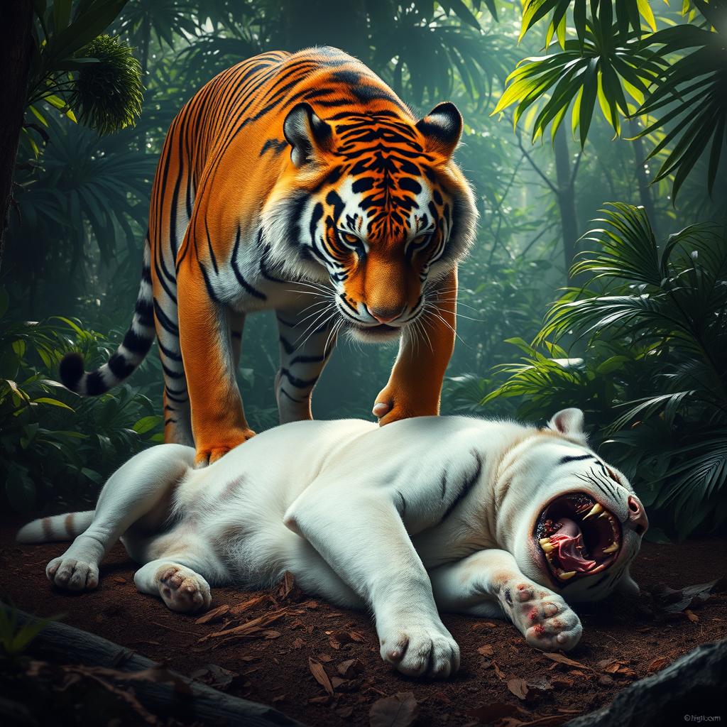 A dramatic scene showcasing an angry tiger standing over a large white dog that lies defeated on the ground