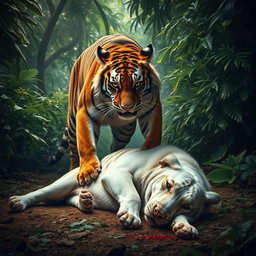 A dramatic scene showcasing an angry tiger standing over a large white dog that lies defeated on the ground