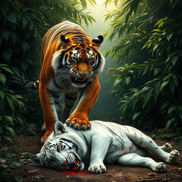 A dramatic scene showcasing an angry tiger standing over a large white dog that lies defeated on the ground