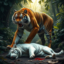 A dramatic scene showcasing an angry tiger standing over a large white dog that lies defeated on the ground