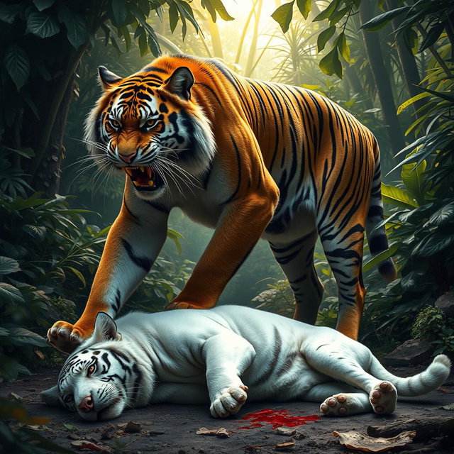 A dramatic scene showcasing an angry tiger standing over a large white dog that lies defeated on the ground