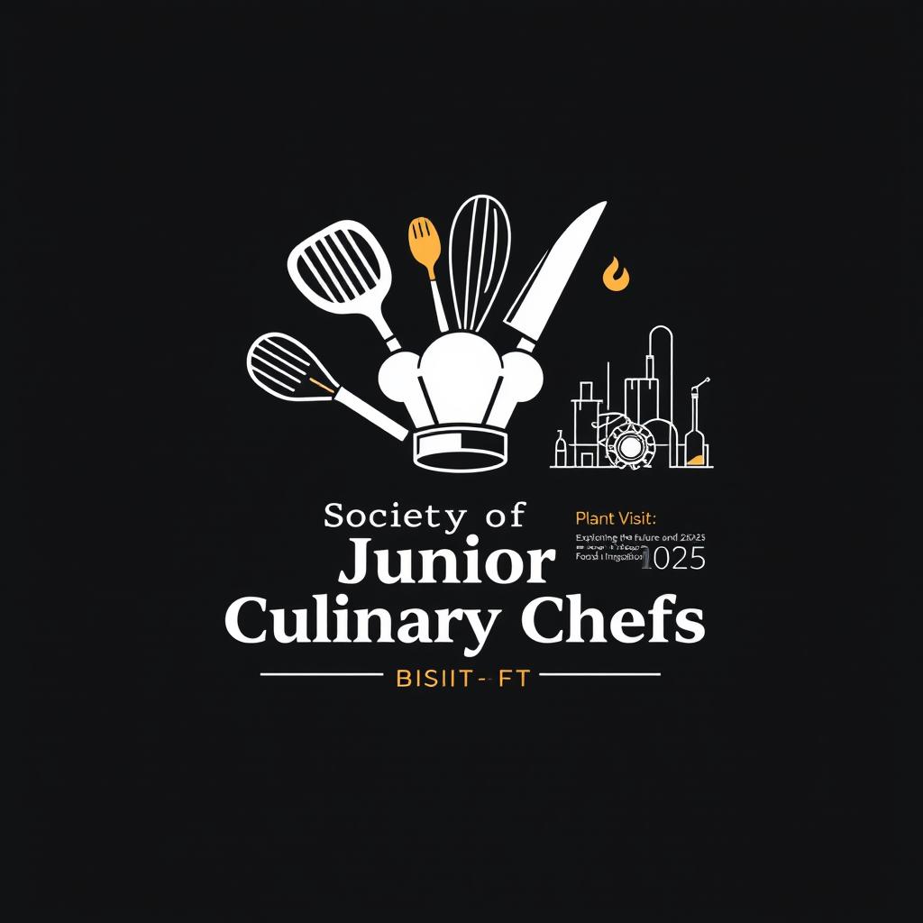 A modern emblem design featuring kitchen utensils including a spatula, whisk, and knife arranged in a circular or shield-like shape, with a chef’s hat at the center