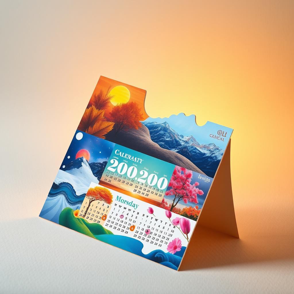 A visually striking and modern calendar displayed creatively on its side, showcasing vibrant colors and artistic designs for each month