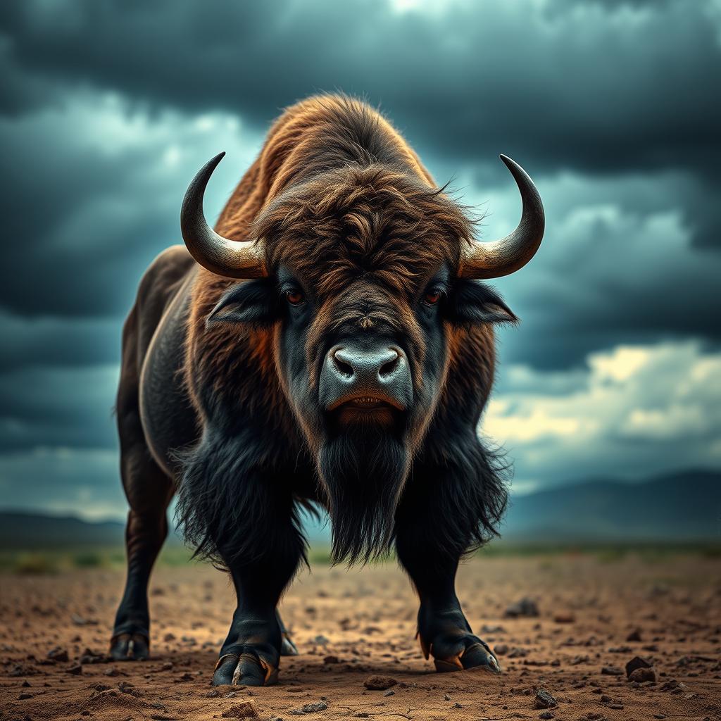 A fierce and angry bison standing in a dramatic pose, showcasing its power and strength