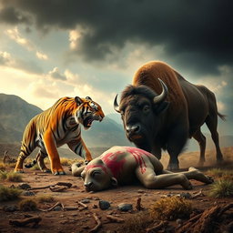A fierce battle scene featuring an angry tiger and an angry bison confronting each other in a dramatic landscape