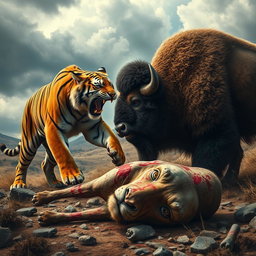 A fierce battle scene featuring an angry tiger and an angry bison confronting each other in a dramatic landscape