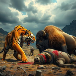 A fierce battle scene featuring an angry tiger and an angry bison confronting each other in a dramatic landscape