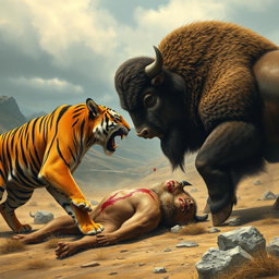 A fierce battle scene featuring an angry tiger and an angry bison confronting each other in a dramatic landscape