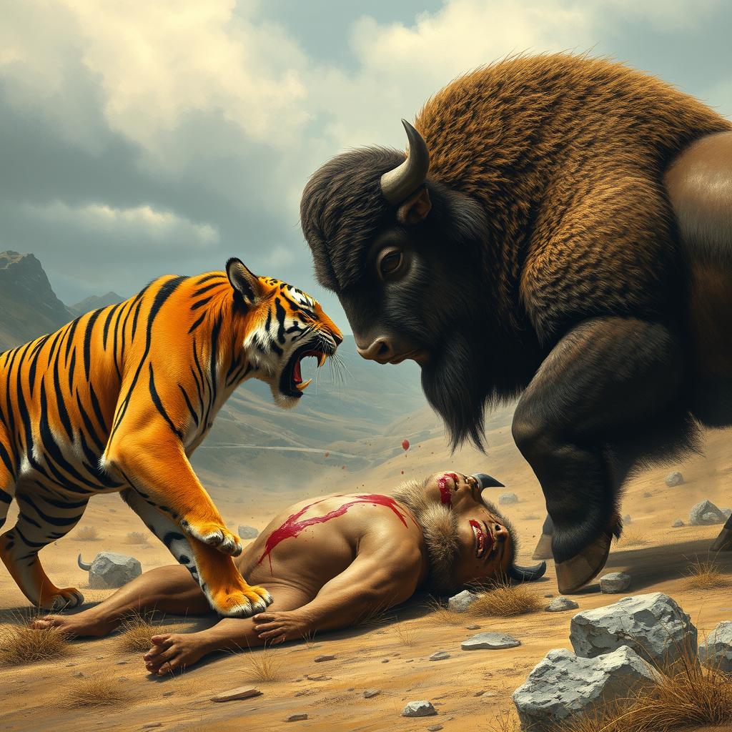 A fierce battle scene featuring an angry tiger and an angry bison confronting each other in a dramatic landscape