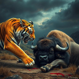 A dramatic confrontation between an angry tiger and an angry bison in a wild setting, showcasing the tiger with its fur slightly ruffled and eyes narrowed in fury