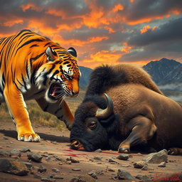 A dramatic confrontation between an angry tiger and an angry bison in a wild setting, showcasing the tiger with its fur slightly ruffled and eyes narrowed in fury