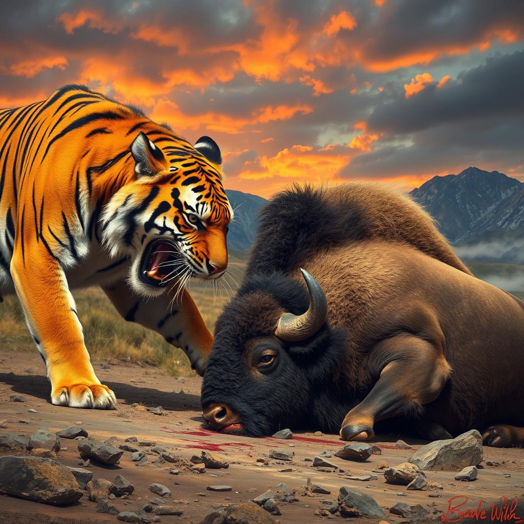 A dramatic confrontation between an angry tiger and an angry bison in a wild setting, showcasing the tiger with its fur slightly ruffled and eyes narrowed in fury