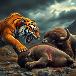 A dramatic confrontation between an angry tiger and an angry bison in a wild setting, showcasing the tiger with its fur slightly ruffled and eyes narrowed in fury