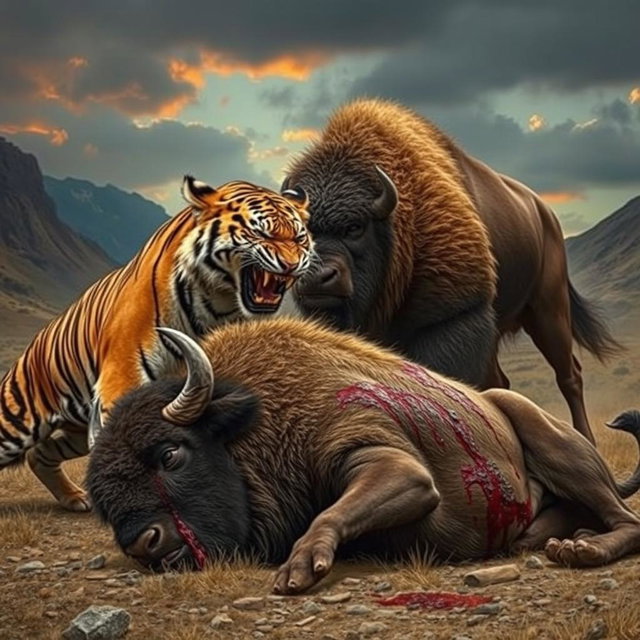 A dramatic confrontation between an angry tiger and an angry bison in a wild setting, showcasing the tiger with its fur slightly ruffled and eyes narrowed in fury