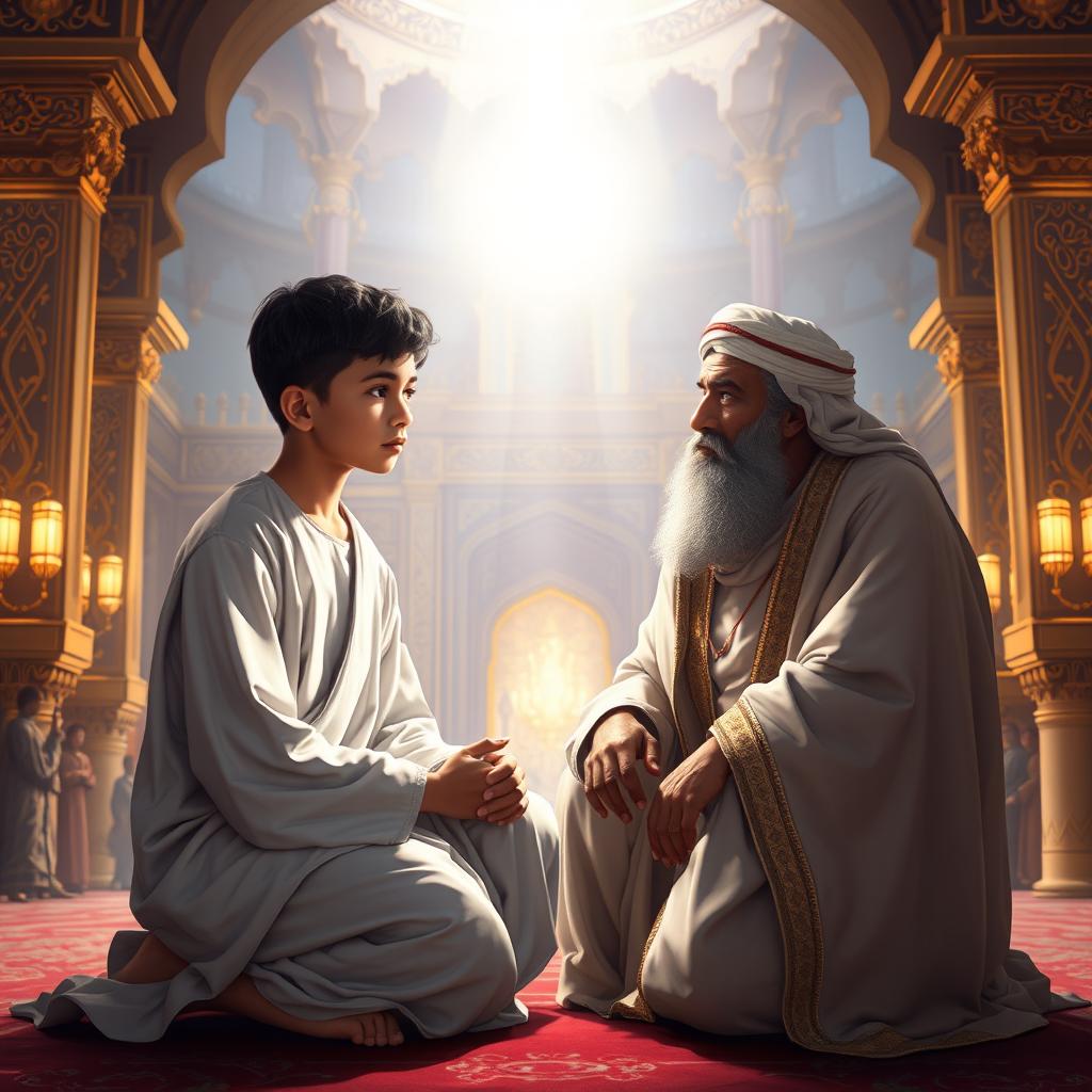A young Prophet Suleyman, dressed in simple yet noble robes, sits in deep thought as an ethereal divine light surrounds him