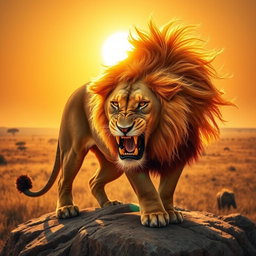 A majestic and angry lion, depicted in a powerful stance on a rocky outcrop under the golden African sun