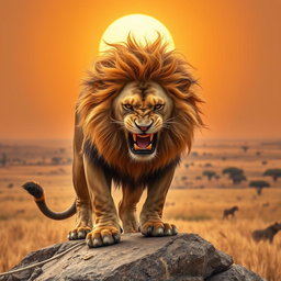 A majestic and angry lion, depicted in a powerful stance on a rocky outcrop under the golden African sun