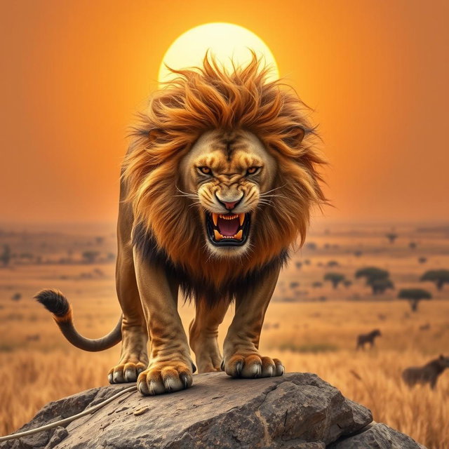 A majestic and angry lion, depicted in a powerful stance on a rocky outcrop under the golden African sun