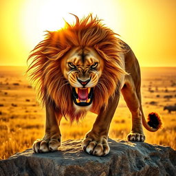 A majestic and angry lion, depicted in a powerful stance on a rocky outcrop under the golden African sun