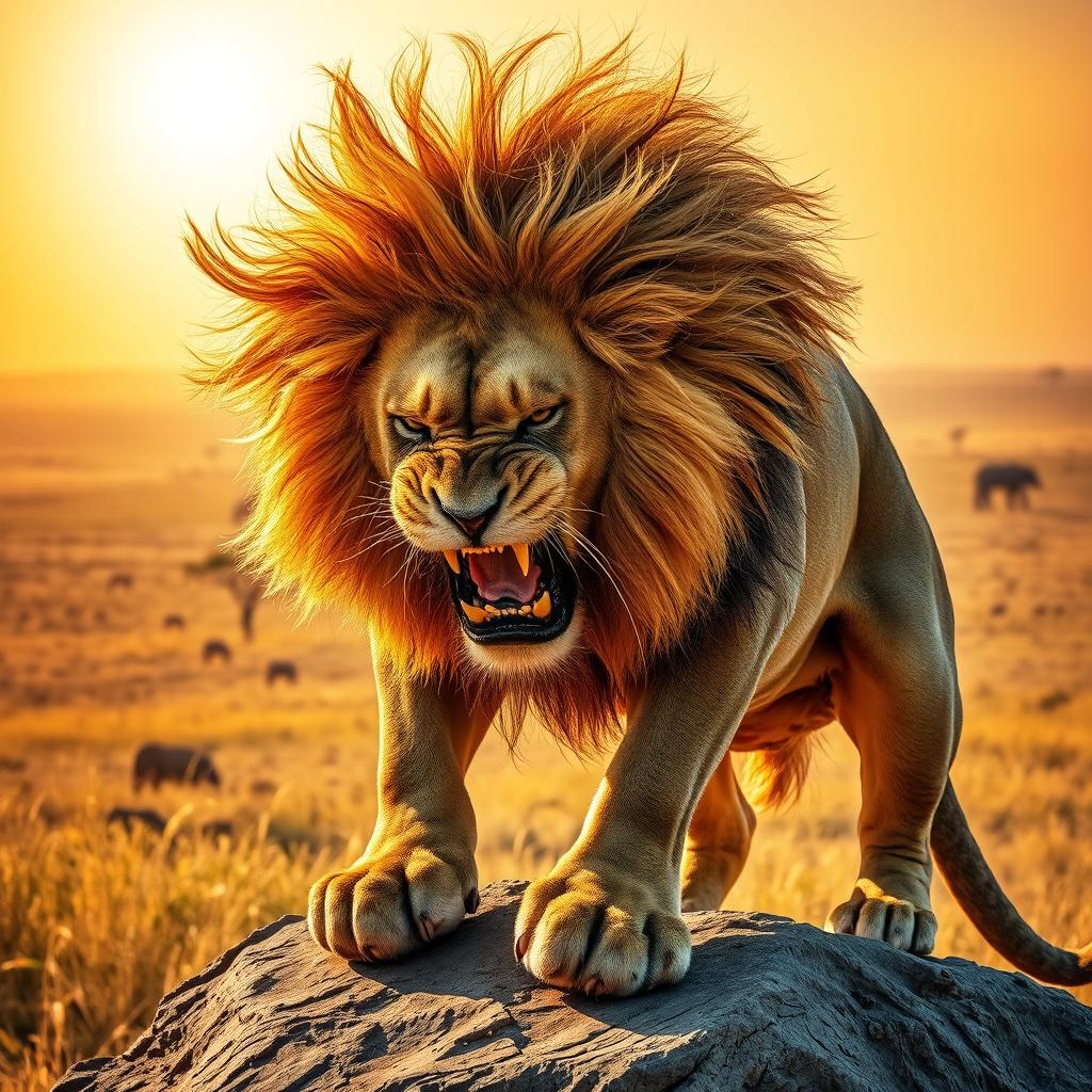 A majestic and angry lion, depicted in a powerful stance on a rocky outcrop under the golden African sun